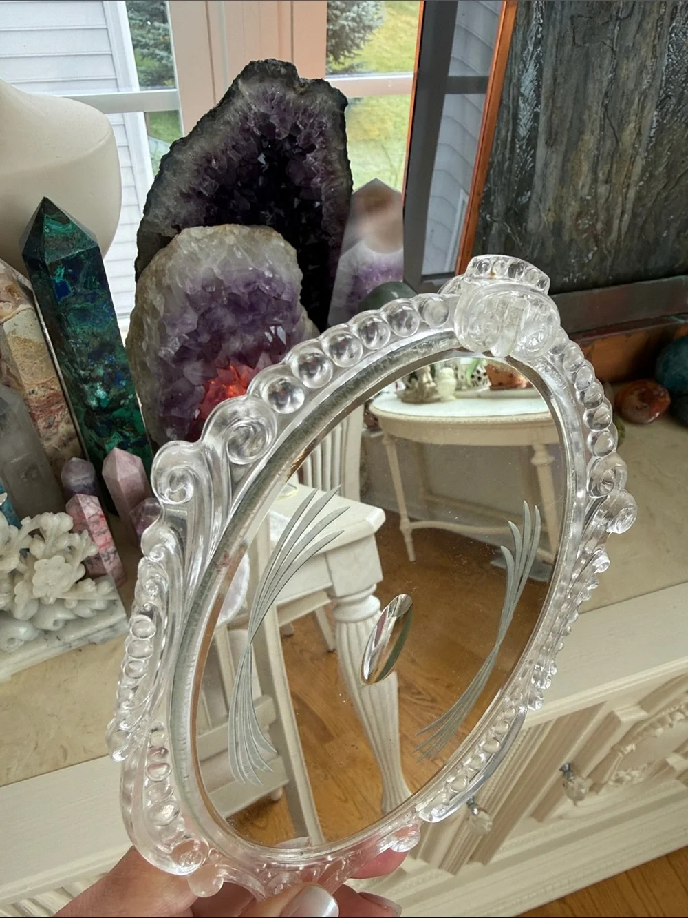 Vintage Clear Lucite Handheld Vanity Mirror